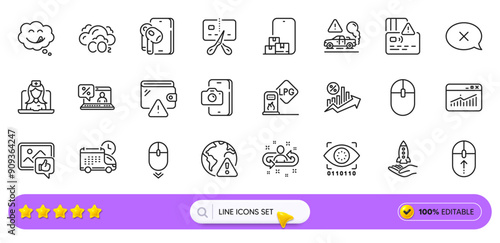 Earphones, Like photo and Yummy smile line icons for web app. Pack of Crowdfunding, Card, Internet warning pictogram icons. Delivery, Artificial intelligence, Online storage signs. Search bar. Vector