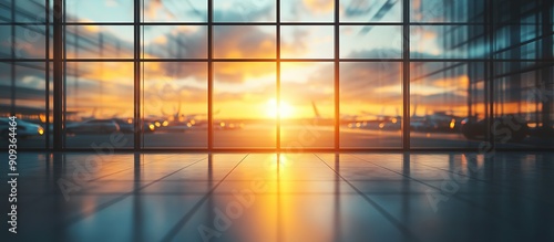 A view of a sunset from a window overlooking a parking lot.