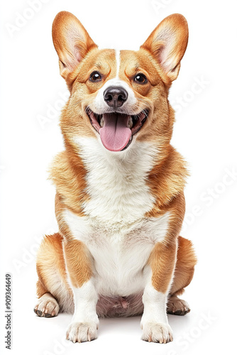 Happy Welsh Corgi Puppy, Dog Winking and Panting, Sitting Isolated on White Background, Adorable Corgi Expression, Playful Puppy, Cute Dog Portrait, Joyful Pet Image