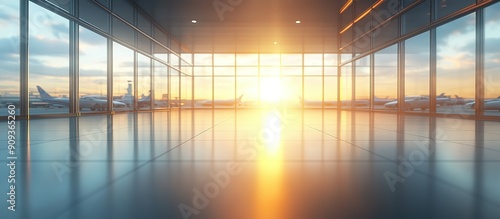 Airport Terminal Interior with Sunset and Reflected Light