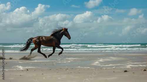 A stunning horse in full gallop across a sandy beach with the ocean in the background.