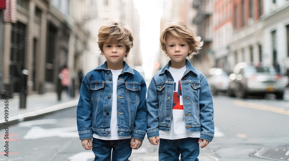Stylish Twin Boys in Matching Denim Jackets and Sneakers Strike a Pose on Urban City Street - Trendy Urban Children's Fashion Concept Stylish Twin Boys in Matching Denim Jackets and Sneakers Strike a Pose on Urban City Street - Trendy Urban Children's Fashion Concept