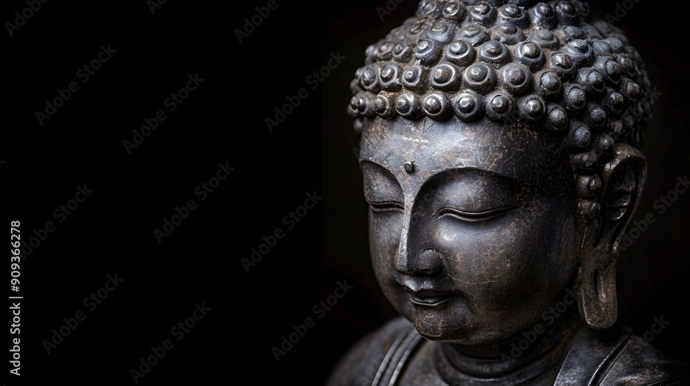 Antique bronze Buddha statue with intricate curls on a dark background Antique bronze Buddha statue with intricate curls on a dark background