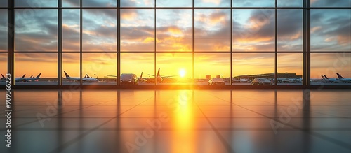 Airport Interior with View of Sunset and Airplanes