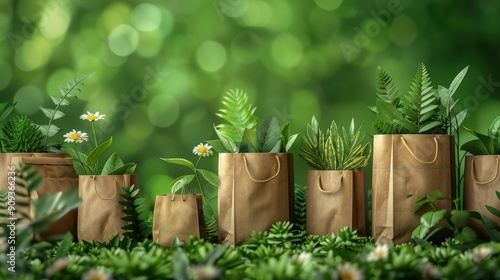 High-quality 3D illustration of eco-friendly retail practices, featuring sustainable shopping within a green marketing concept, with ample copy space for text or branding photo