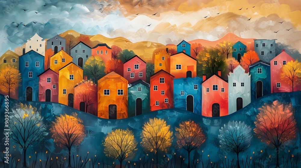 A painting of a colorful town with houses of different colors. The houses are painted in a way that they look like they are on a hill. The painting has a warm and inviting mood A painting of a colorful town with houses of different colors. The houses are painted in a way that they look like they are on a hill. The painting has a warm and inviting mood