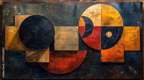 A painting of a circle with a square in the middle. The painting is abstract and has a lot of different colors