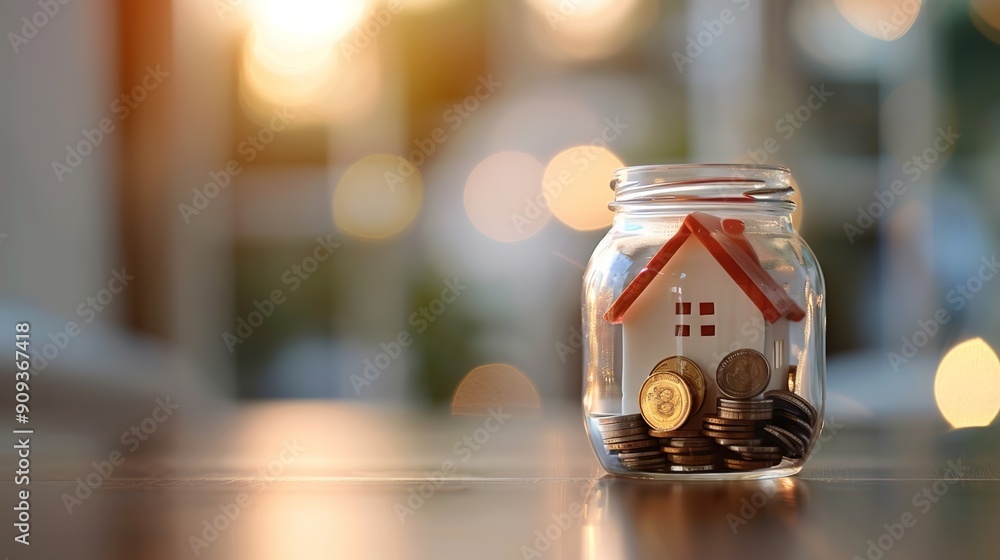 Saving for a Home Concept - Coin Jar with Miniature House Model for Financial Planning and Real Estate Investment Saving for a Home Concept - Coin Jar with Miniature House Model for Financial Planning and Real Estate Investment