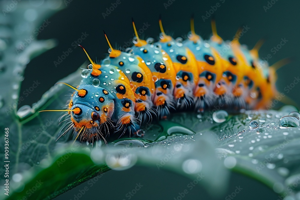 Naklejka premium Vibrant Caterpillar on Dewy Leaf
