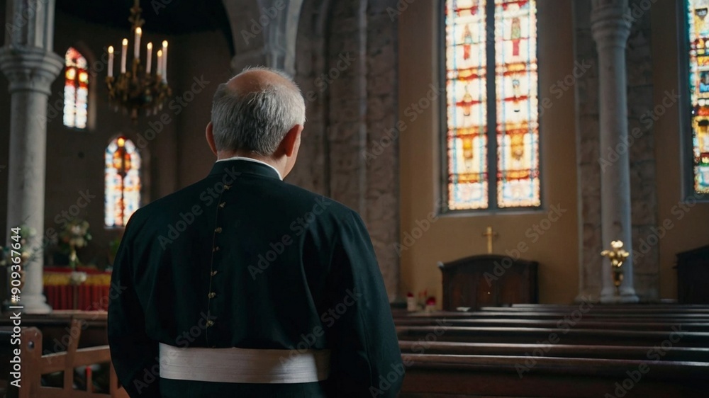 captivating back photo of a priest standing in a church, captured in a unique pose, beautifully highlighting the serene ambiance and profound spiritual essence of the sacred space, offering a deep gli captivating back photo of a priest standing in a church, captured in a unique pose, beautifully highlighting the serene ambiance and profound spiritual essence of the sacred space, offering a deep gli