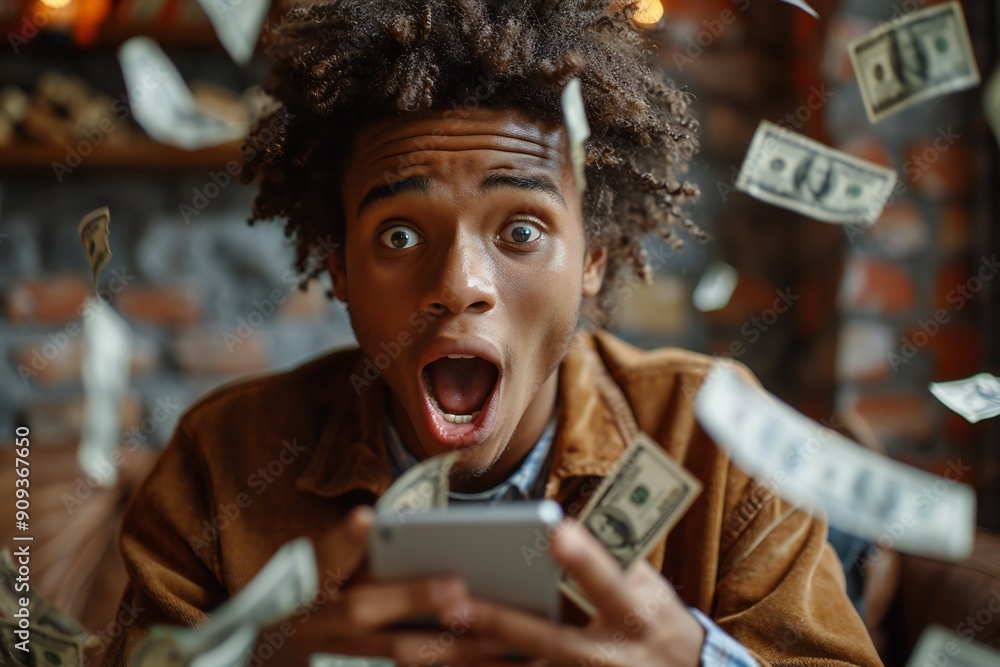 Man Shocked by Falling Money on Phone Man Shocked by Falling Money on Phone