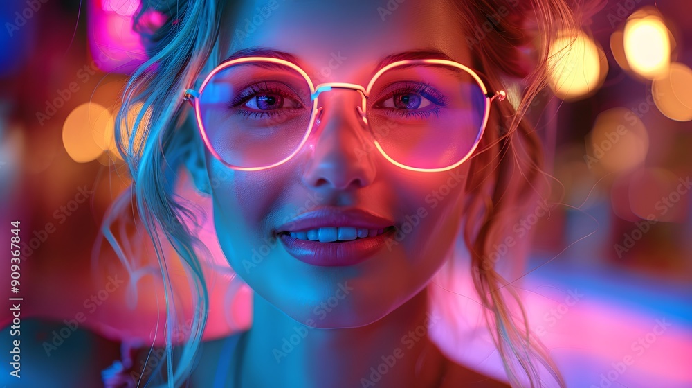 A woman with neon colored glasses is smiling. The image has a bright and cheerful mood. The woman's smile and the colorful glasses give the impression of a fun and happy moment A woman with neon colored glasses is smiling. The image has a bright and cheerful mood. The woman's smile and the colorful glasses give the impression of a fun and happy moment