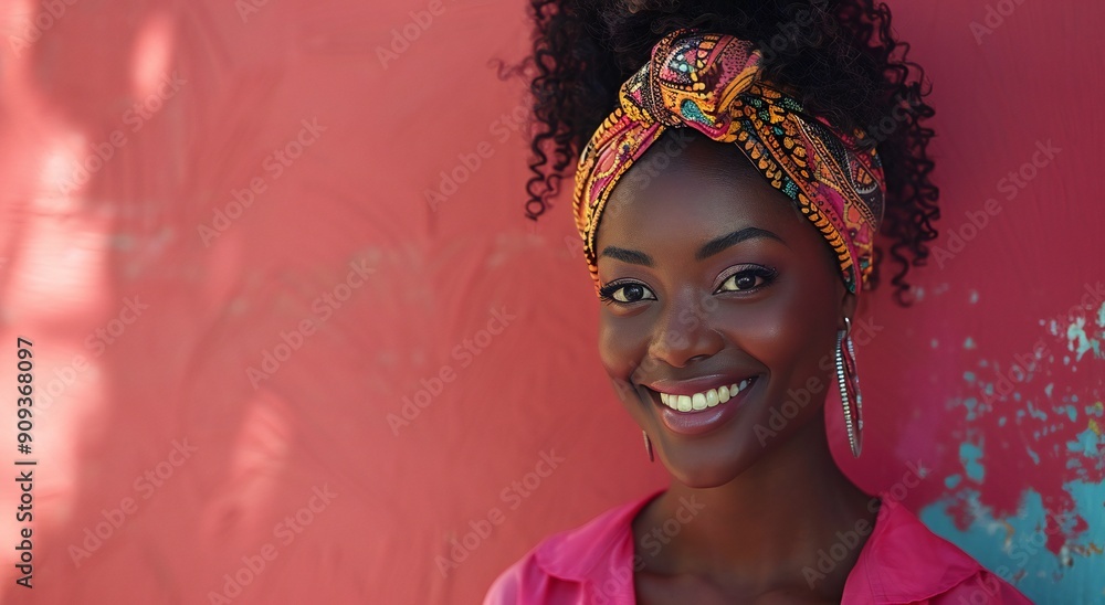 Fototapeta premium Smiling Black Woman in Bright Pink Shirts