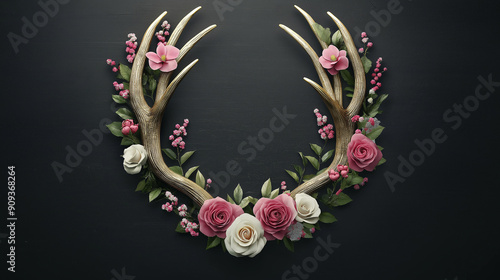 Golden Deer Antlers with Pink Flowers on Black Background for Elegant Nature-Themed Decorative Designs and Seasonal Floral Arrangements photo