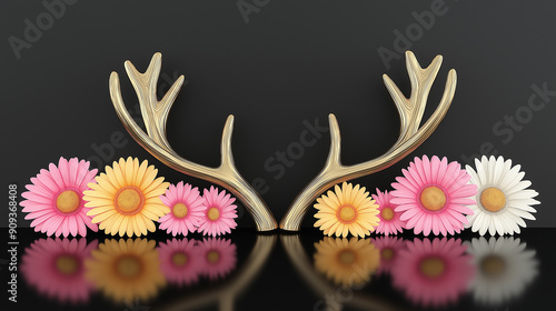 Golden Antlers with Colorful Daisies on Black Background for Elegant Nature-Themed Floral Arrangements and Seasonal Decorative Designs photo