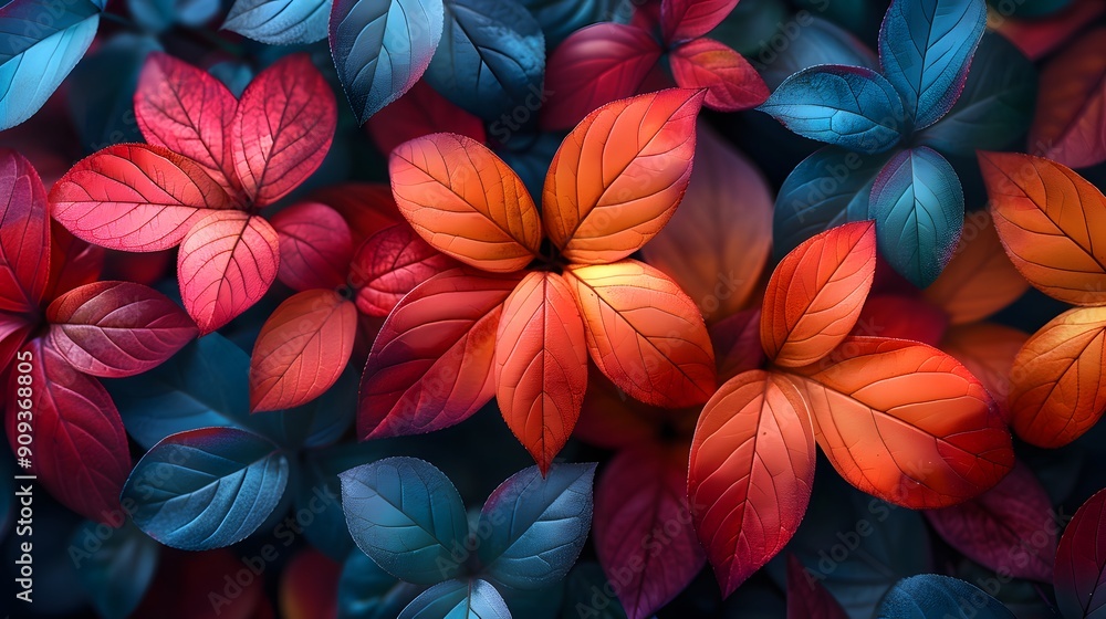 custom made wallpaper toronto digitalA colorful image of leaves with a blue background. The leaves are in various shades of red, orange, and blue. The image has a vibrant and lively mood