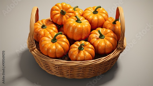 Ripe pumpkins in a harvest basket. Autumn harvest of pumpkins. Pumpkins Halloween decoration. Healthy vegetables. Diet, nutrition. Patisons in a harvest basket. photo