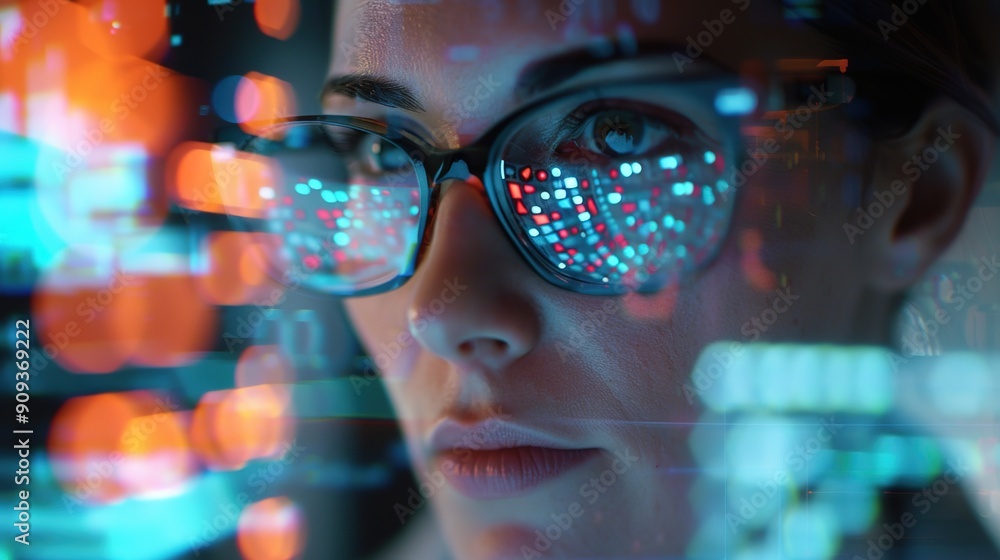 Modern Businesswoman Analyzing Futuristic Holographic Charts for Tech Innovation and Strategy Modern Businesswoman Analyzing Futuristic Holographic Charts for Tech Innovation and Strategy