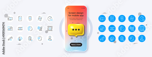 Phone mockup with 3d chat icon. Recovery computer, Dollar rate and File line icons. Pack of Augmented reality, Timer, Fingerprint research icon. Vector