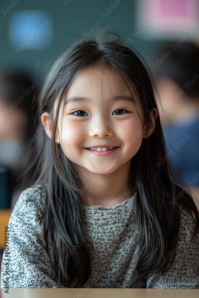 portrait of an 8 year old asian girl in a classroom, smile portrait of an 8 year old asian girl in a classroom, smile
