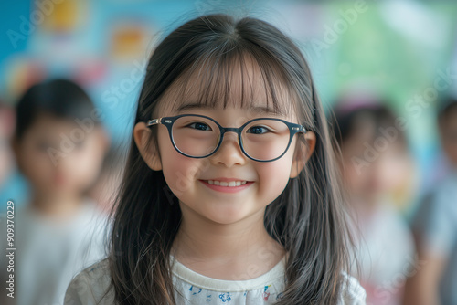  portrait of an 8 year old asian girl in a classroom, smile