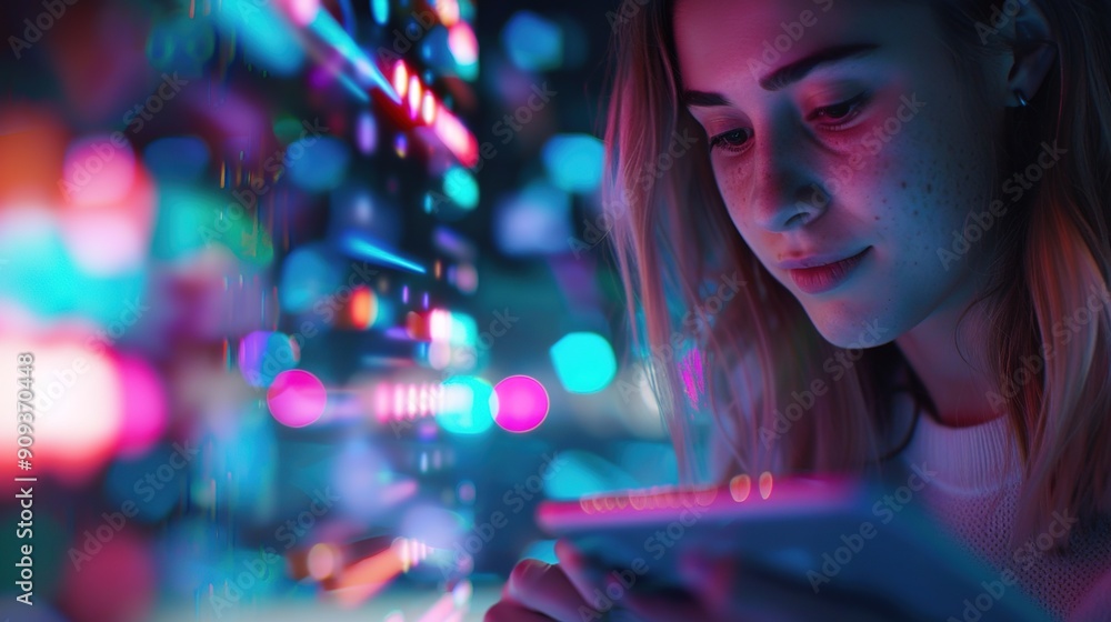 Φωτογραφία Digital Age Bliss: Young woman immersed in holographic social media posts on fut