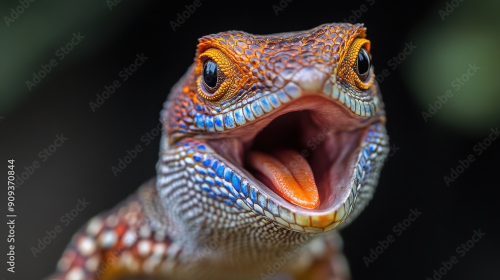 Close-up of a lizard with colorful scales and an open mouth, showing off its detailed texture. Blurry black background Close-up of a lizard with colorful scales and an open mouth, showing off its detailed texture. Blurry black background