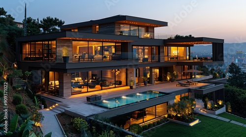 Modern Luxurious Home With Pool Overlooking City at Twilight