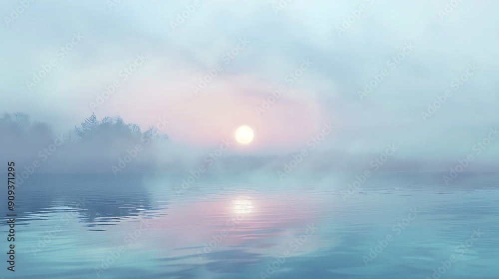 A tranquil scene of a misty lake at sunrise, with soft pastel colors in the sky and a gentle fog hovering over the water. A tranquil scene of a misty lake at sunrise, with soft pastel colors in the sky and a gentle fog hovering over the water.