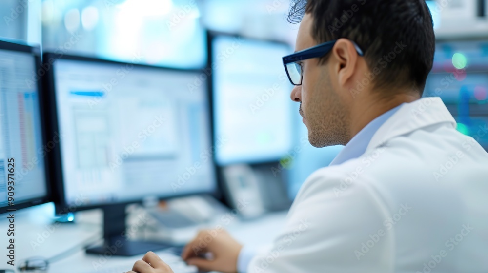 Professional Researcher Analyzing Data on Computer in Study Environment Professional Researcher Analyzing Data on Computer in Study Environment