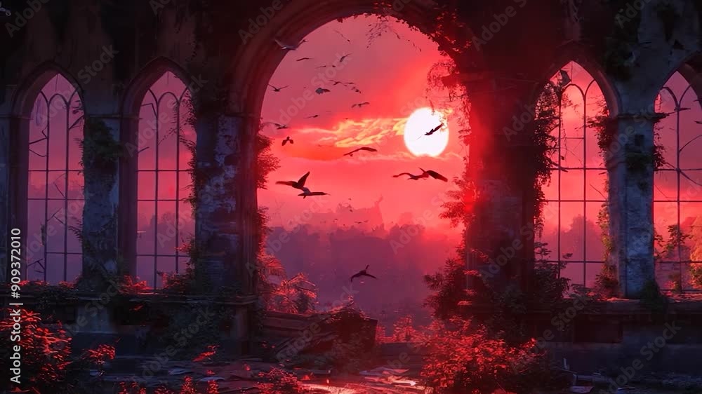 A breathtaking sunset illuminates the ruins, with birds soaring against the vibrant sky, creating a tranquil atmosphere A breathtaking sunset illuminates the ruins, with birds soaring against the vibrant sky, creating a tranquil atmosphere