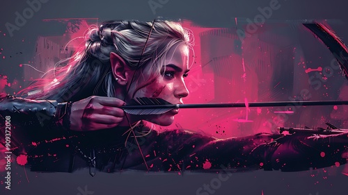 Focused Female Archer Aiming Her Bow in Dramatic, Dimly Lit Setting, Precision and Determination in Competitive Archery. Championship of Cinematic Athletic Excellence