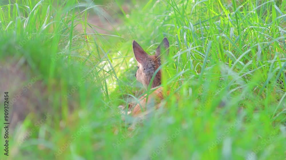 A deer and fawns in a forest in a park on a summer day A deer and fawns in a forest in a park on a summer day