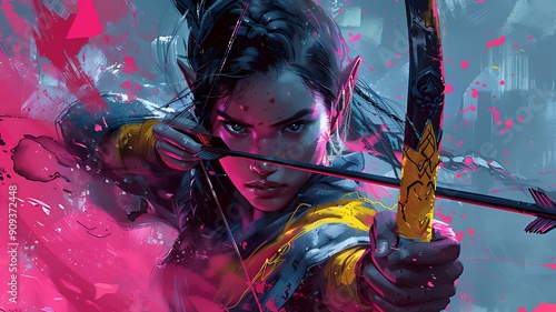 Focused Female Archer Aiming Her Bow in Dramatic, Dimly Lit Setting, Precision and Determination in Competitive Archery. Championship of Cinematic Athletic Excellence