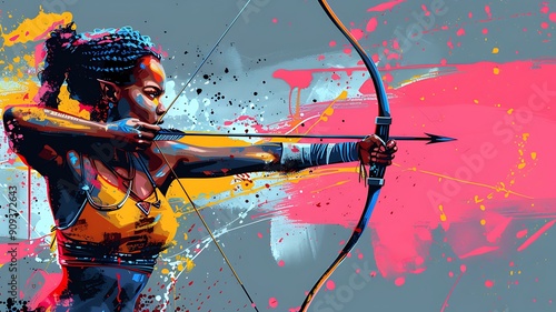 Focused Female Archer Aiming Her Bow in Dramatic, Dimly Lit Setting, Precision and Determination in Competitive Archery. Championship of Cinematic Athletic Excellence photo