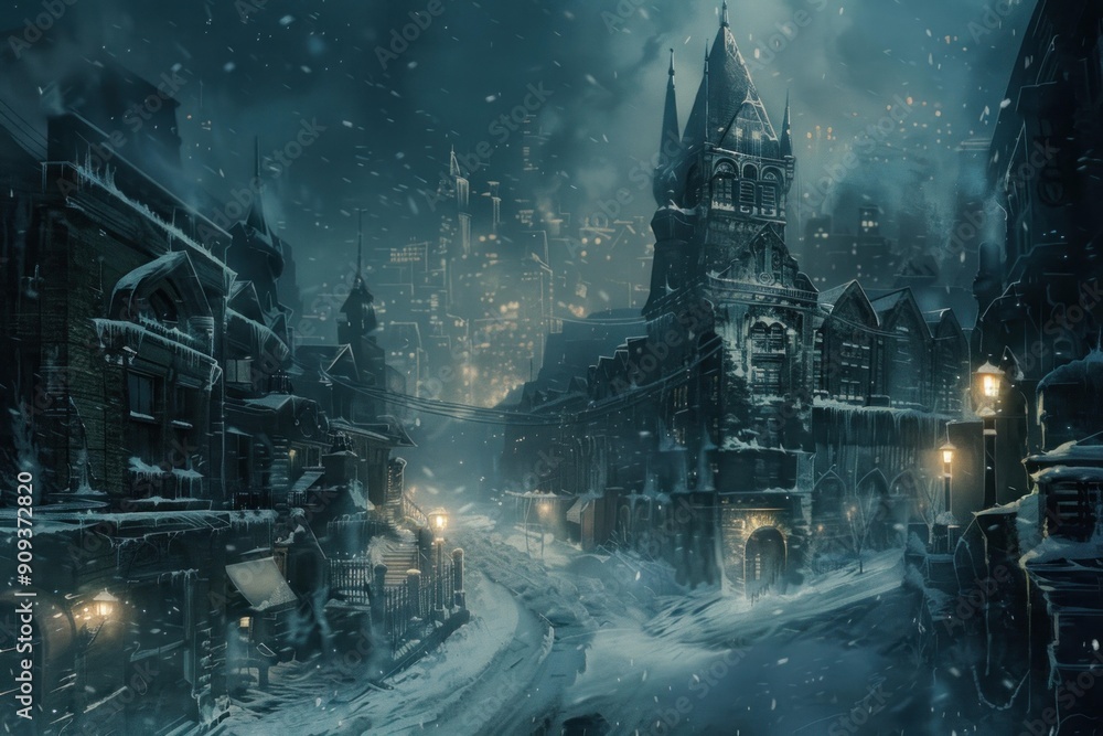 Snow falling on a deserted city street at night, lit by street lights Snow falling on a deserted city street at night, lit by street lights