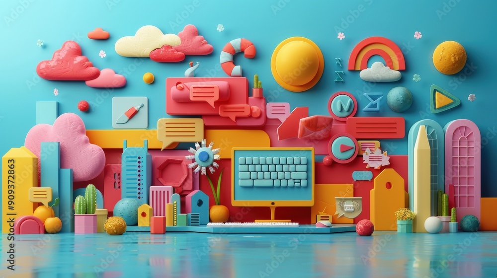Dynamic 3D illustration of a brand awareness concept, featuring marketing campaigns and creative advertising strategies, with generous copy space for text or branding Dynamic 3D illustration of a brand awareness concept, featuring marketing campaigns and creative advertising strategies, with generous copy space for text or branding