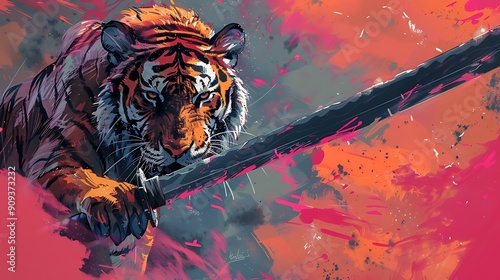cartoon illustration of a tiger samurai hold katana blade with pink background