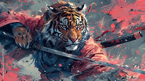 cartoon illustration of a tiger samurai hold katana blade with pink background