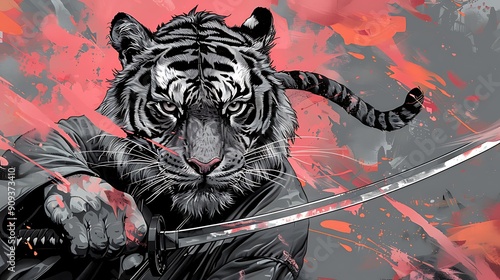 cartoon illustration of a tiger samurai hold katana blade with pink background