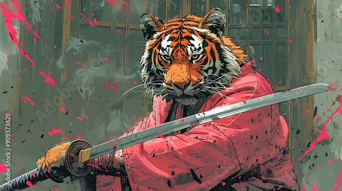 cartoon illustration of a tiger samurai hold katana blade with pink background