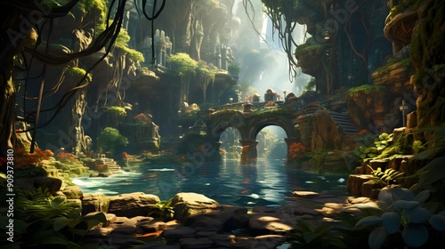 Fantasy landscape with a stone bridge in the middle of a forest