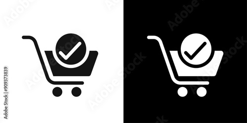 Shopping cart check icon flat line symbol set.