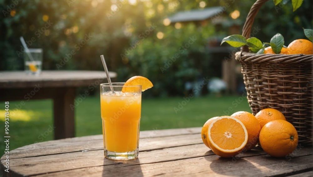 Naklejka premium Fresh drink of orange juice in a sunny blurred garden.AI generated