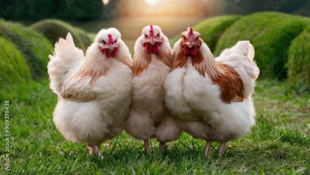 Fototapeta premium Three chickens standing in a field of grass with trees behind them, AI