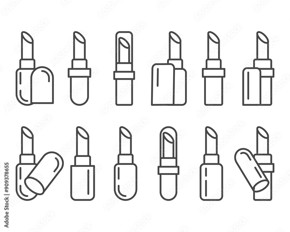 Collection makeup and cosmetics. Beauty linear vector graphic icons in the form of lipstick with lip care cap. Collection makeup and cosmetics. Beauty linear vector graphic icons in the form of lipstick with lip care cap.