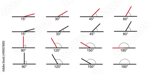 Set of angle degree icons. Different protractor values isolated on white background. Geometric measurements. Mathematics symbols. Vector graphic illustration.