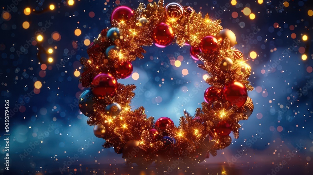 3d rendered wreath of festive ornaments and twinkling lights forming a circular frame with a warm golden glow against a deep blue winter night sky background 3d rendered wreath of festive ornaments and twinkling lights forming a circular frame with a warm golden glow against a deep blue winter night sky background