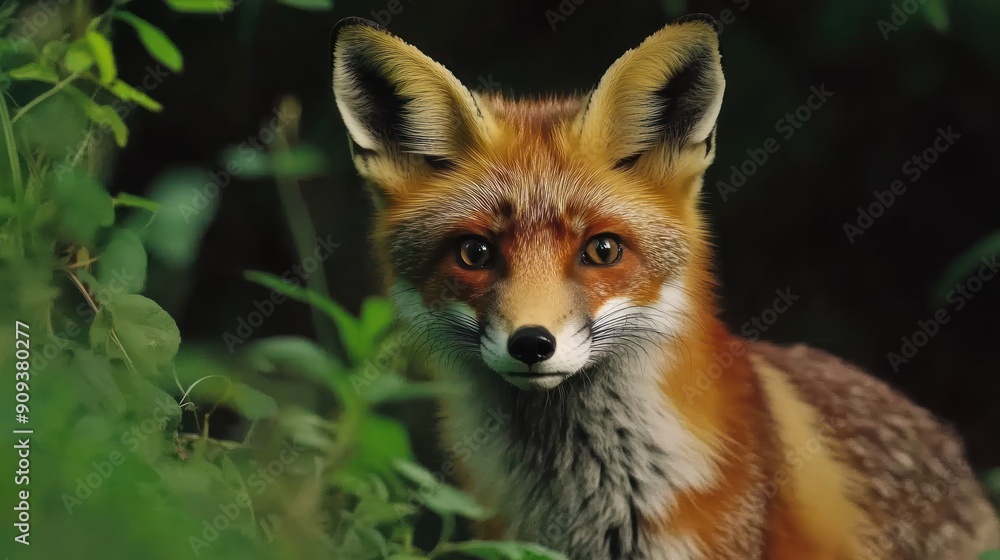 Fototapeta premium Red Fox Peeking From Green Foliage