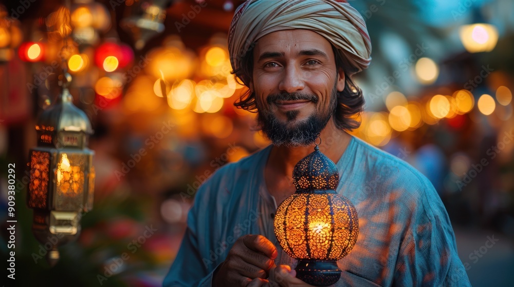 Fototapeta premium Man with a Lantern in a Market